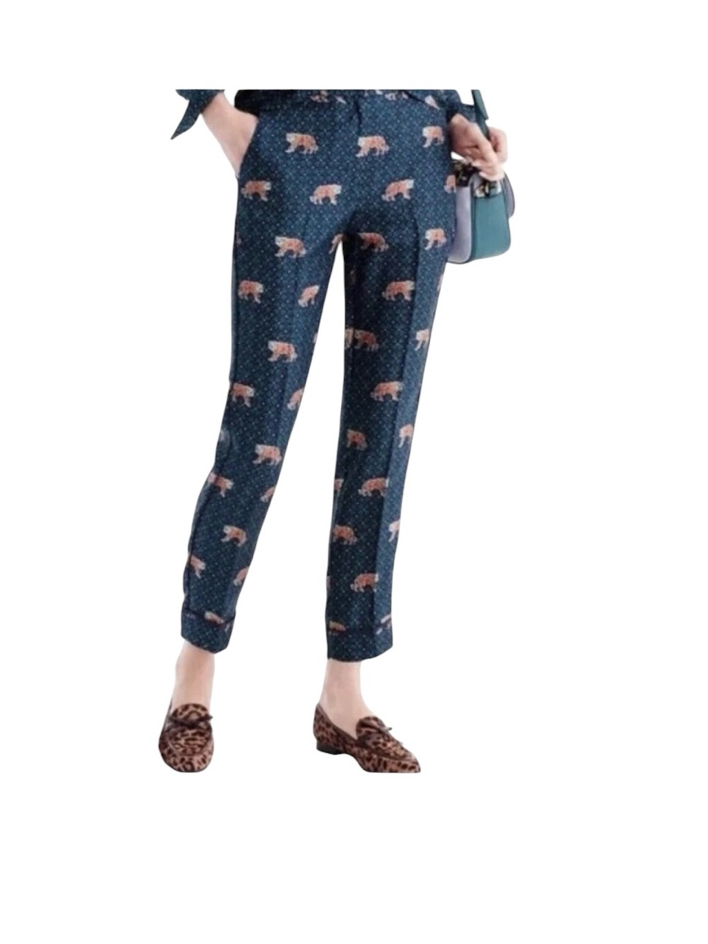 J Crew Tiger Printed Navy  Silk Slim Ankle Pants - Women